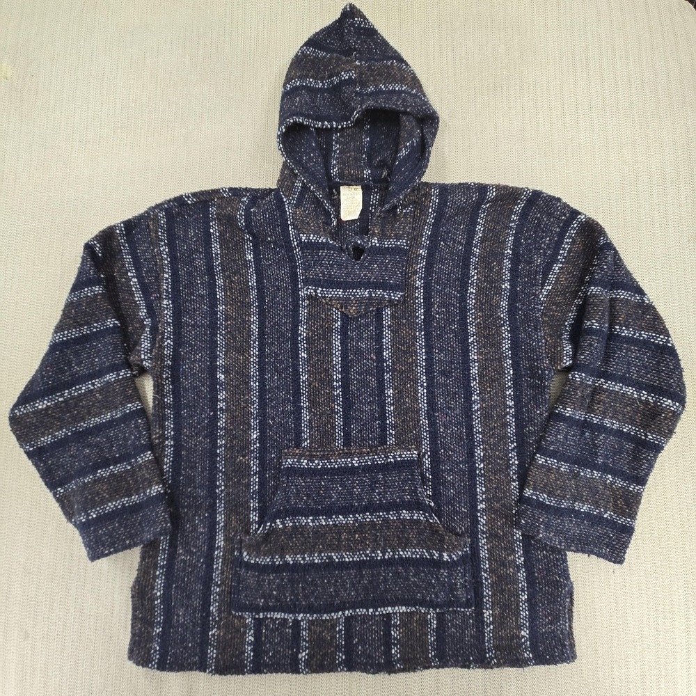 S.D.C.‎ Hoodie Mens Large Blue Brown Striped Baja Pullover Drug Rug Sweatshirt